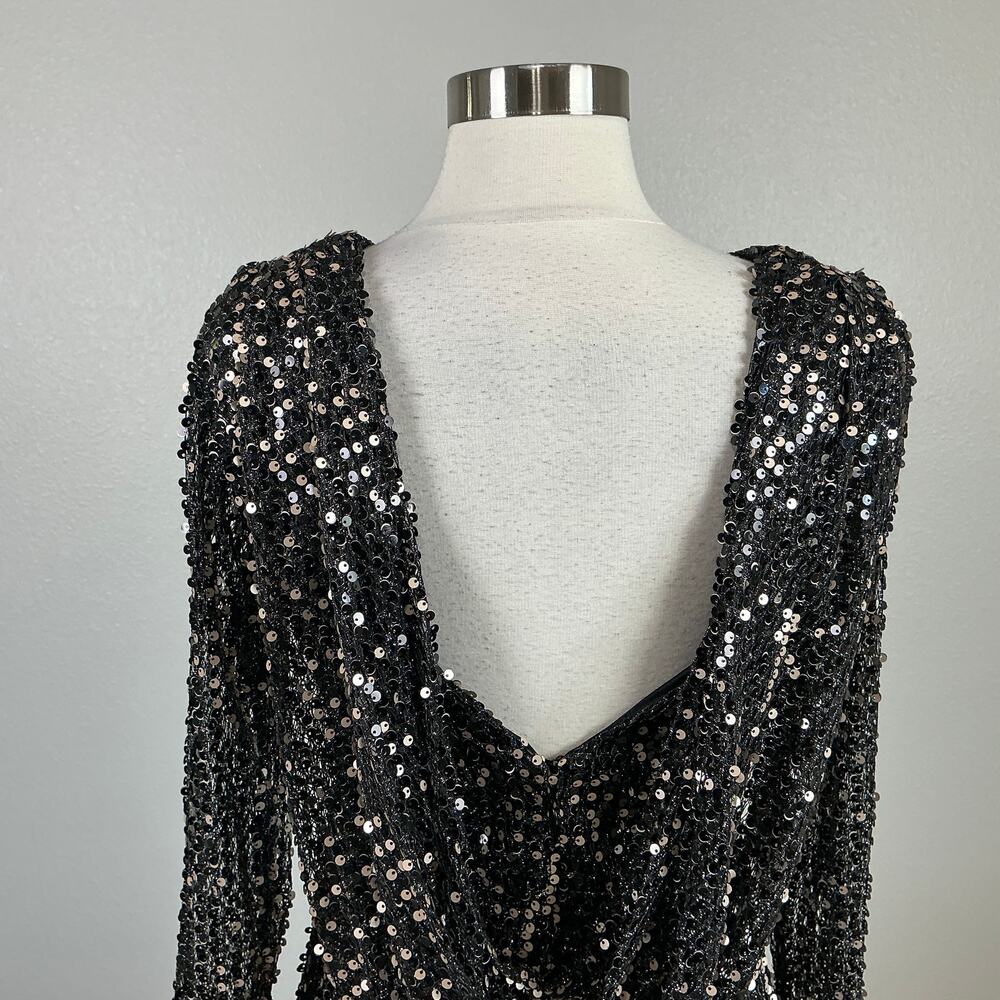 Betsy & Adam Black Sequined Long Sleeve Mini Sheath Cocktail Dress Size 4 LBD - Picture 10 of 13